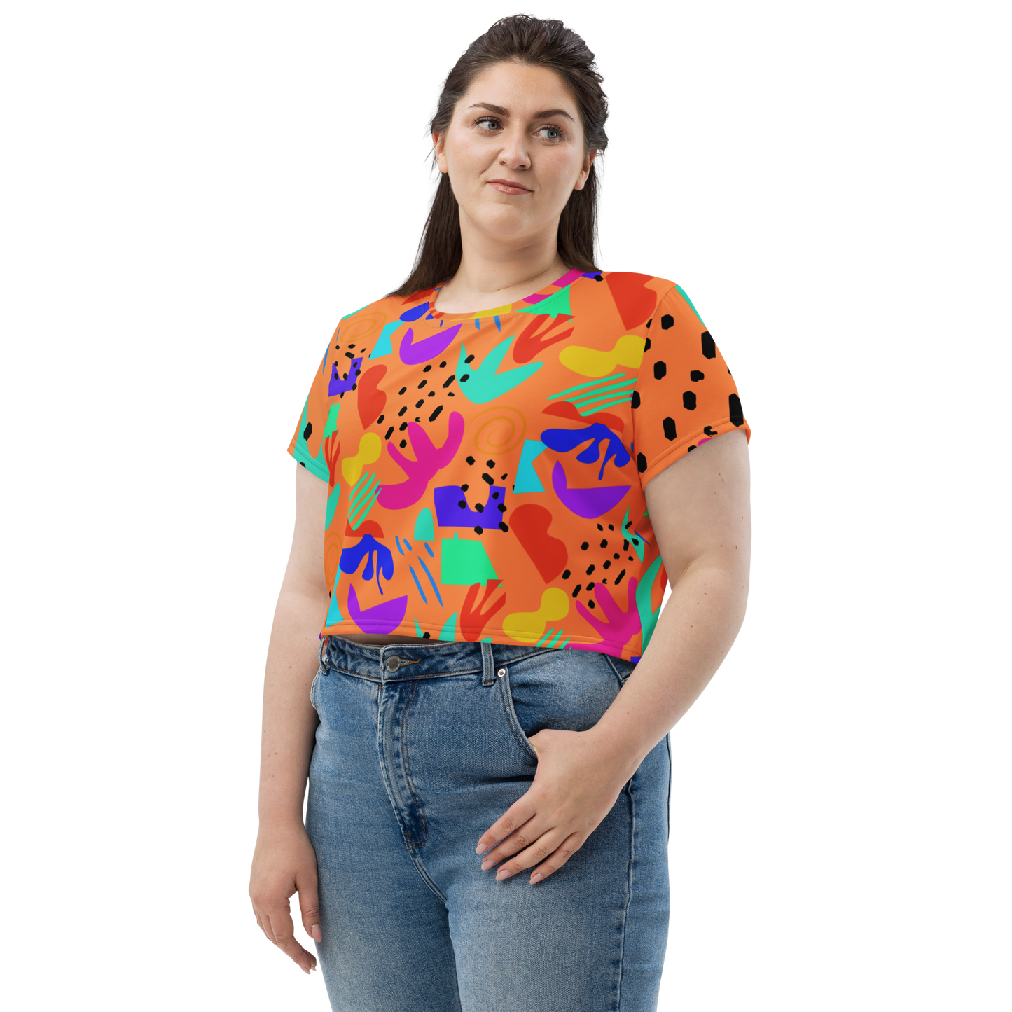 "Highly Conceptual Fruit Salad Dance Party" All-Over Print Crop Tee