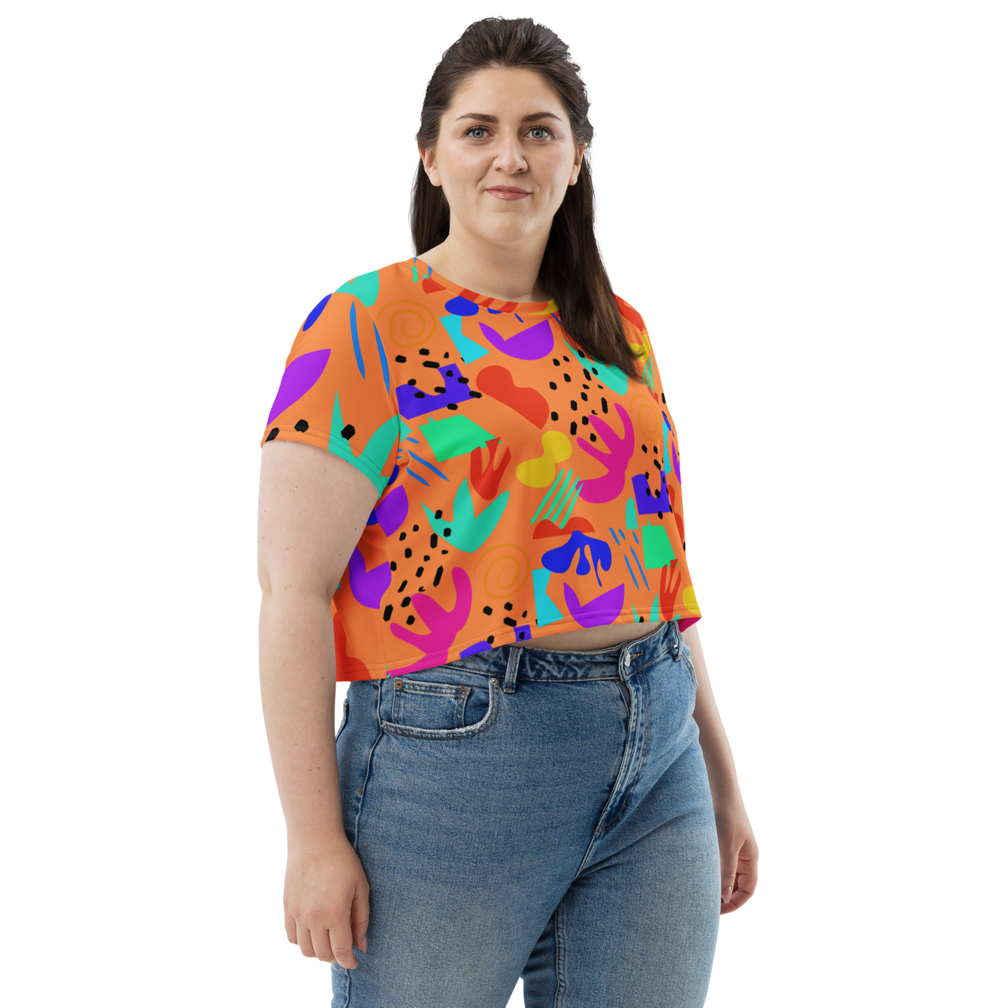 "Highly Conceptual Fruit Salad Dance Party" All-Over Print Crop Tee