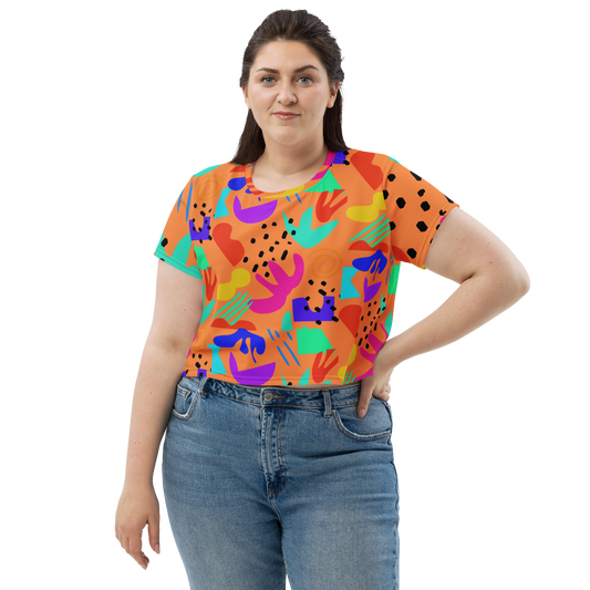 "Highly Conceptual Fruit Salad Dance Party" All-Over Print Crop Tee