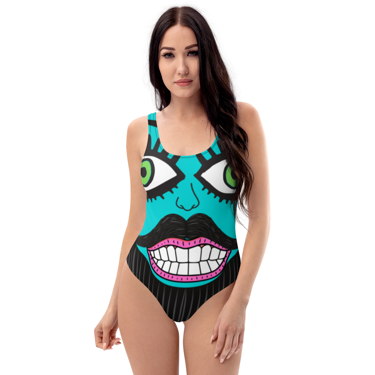 "Hiiiiii!" Bearded Side Eye, One-Piece Swimsuit Turquoise