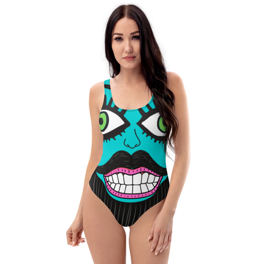 "Hiiiiii!" Bearded Side Eye, One-Piece Swimsuit Turquoise