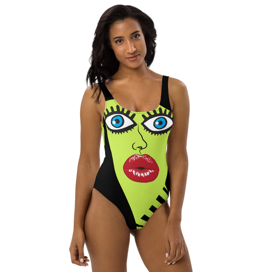 "Hiiiiiiiii!" One-Piece Swimsuit Lite/Brite Green